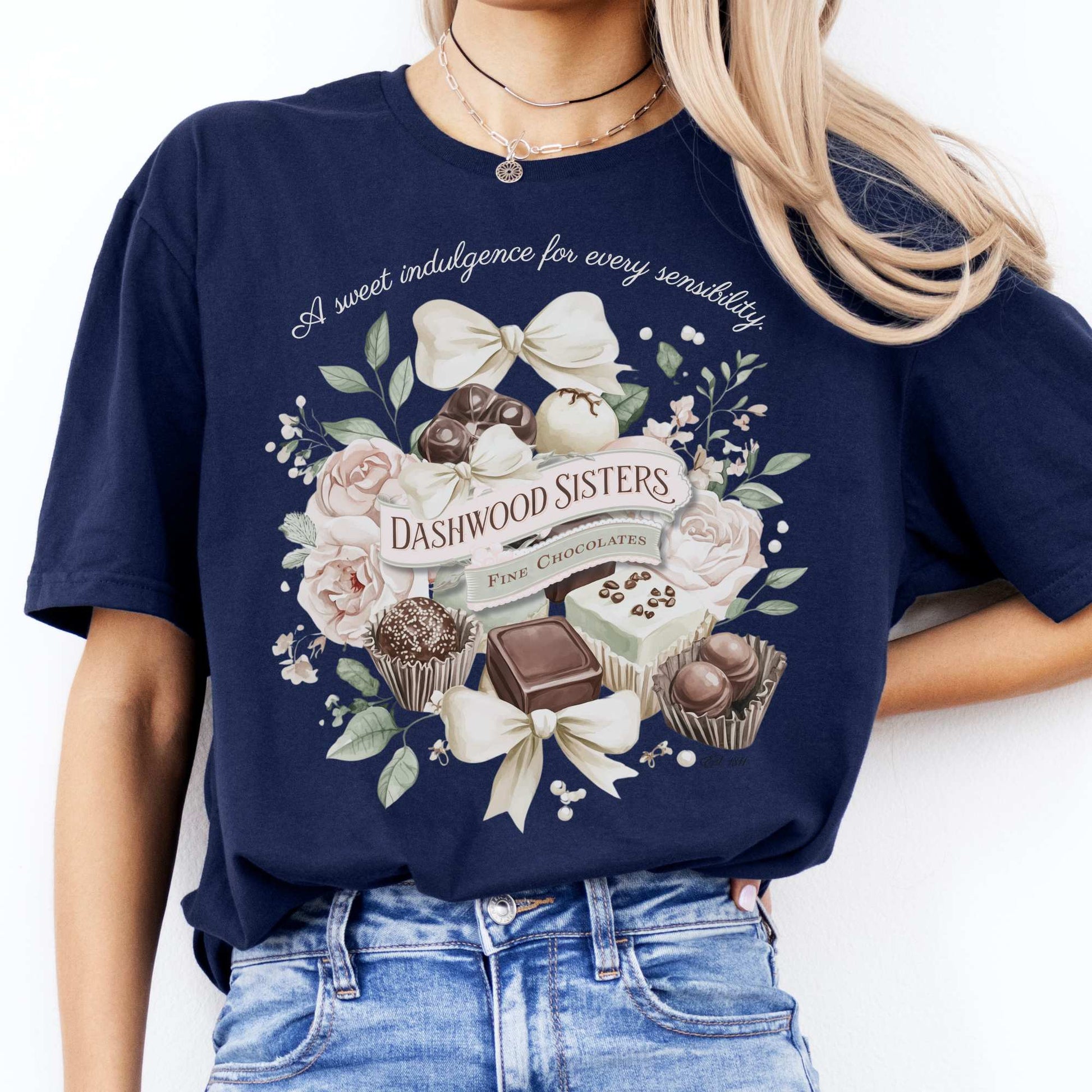 Dashwood Sisters Fine Chocolates Sense and Sensibility Jane Austen Shirt Navy / S T-Shirt The Mystic Eden Bookish Book Lovers