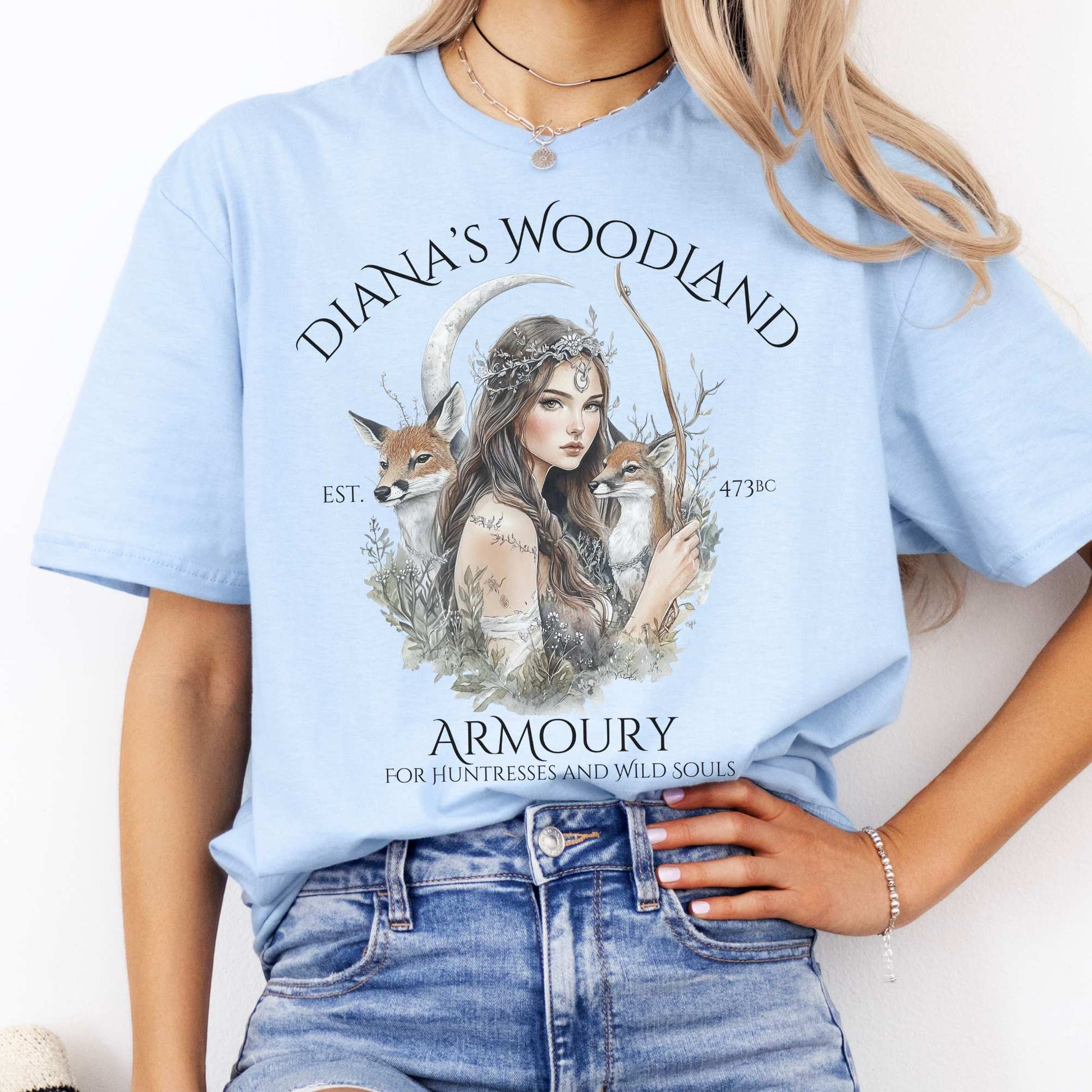 Diana's Woodland Armoury Roman Goddess Shirt Light Blue / S T-Shirt The Mystic Eden Bookish Book Lovers