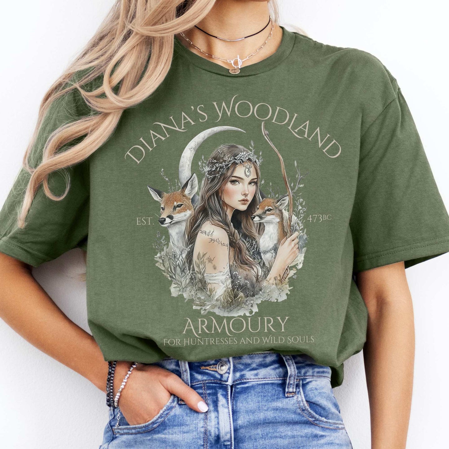Diana's Woodland Armoury Roman Goddess Shirt Military Green / S T-Shirt The Mystic Eden Bookish Book Lovers
