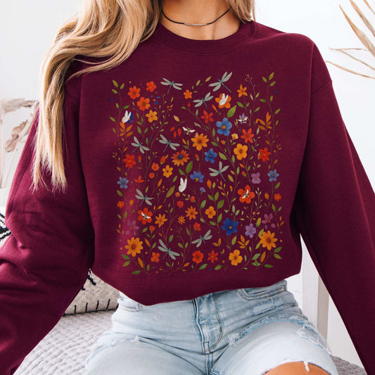 Dragonfly Garden Cottagecore Sweater Maroon / S Sweatshirt The Mystic Eden Bookish Book Lovers