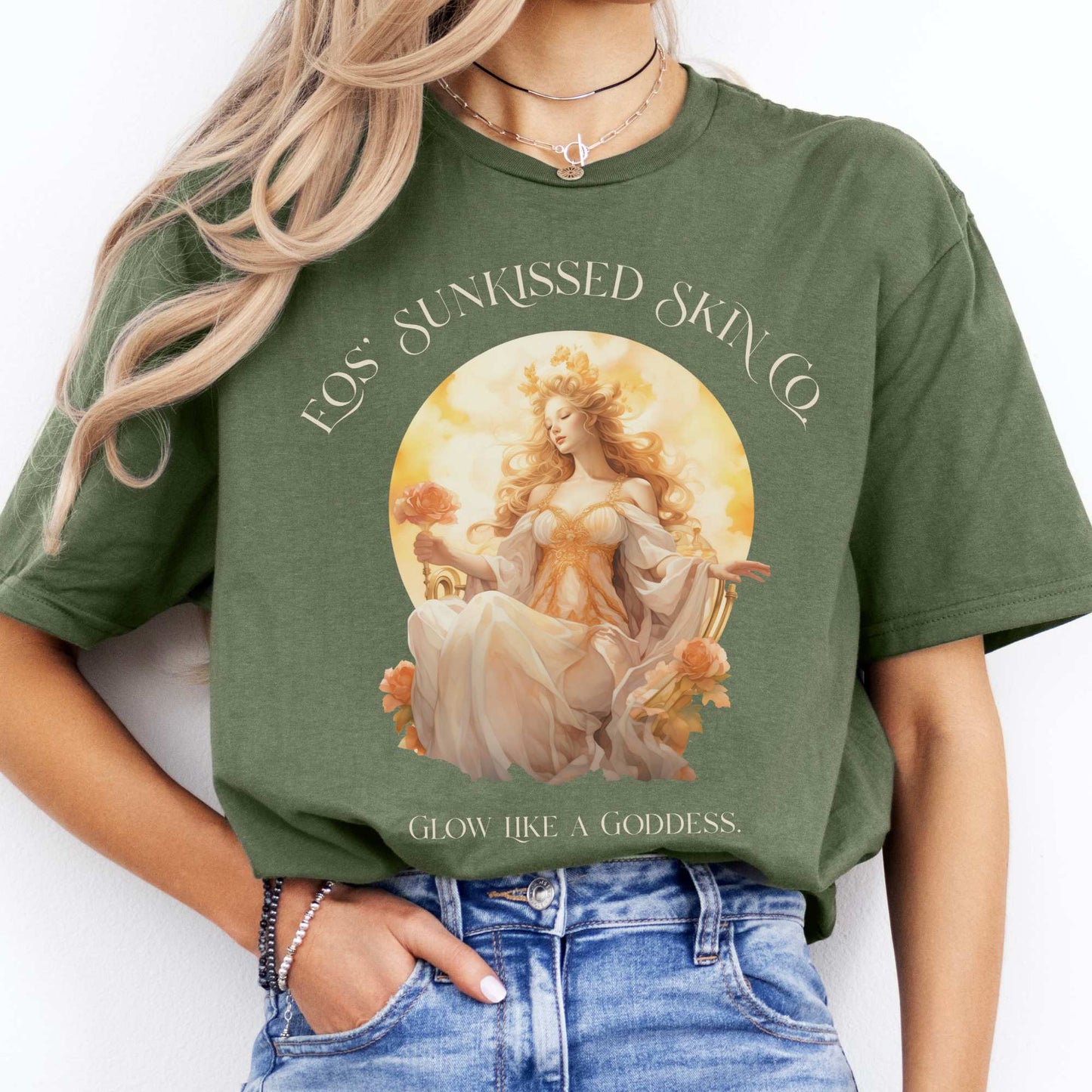 Eos' Sunkissed Skin Co. T-Shirt – Glow Like a Goddess Military Green / S T-Shirt The Mystic Eden Bookish Book Lovers