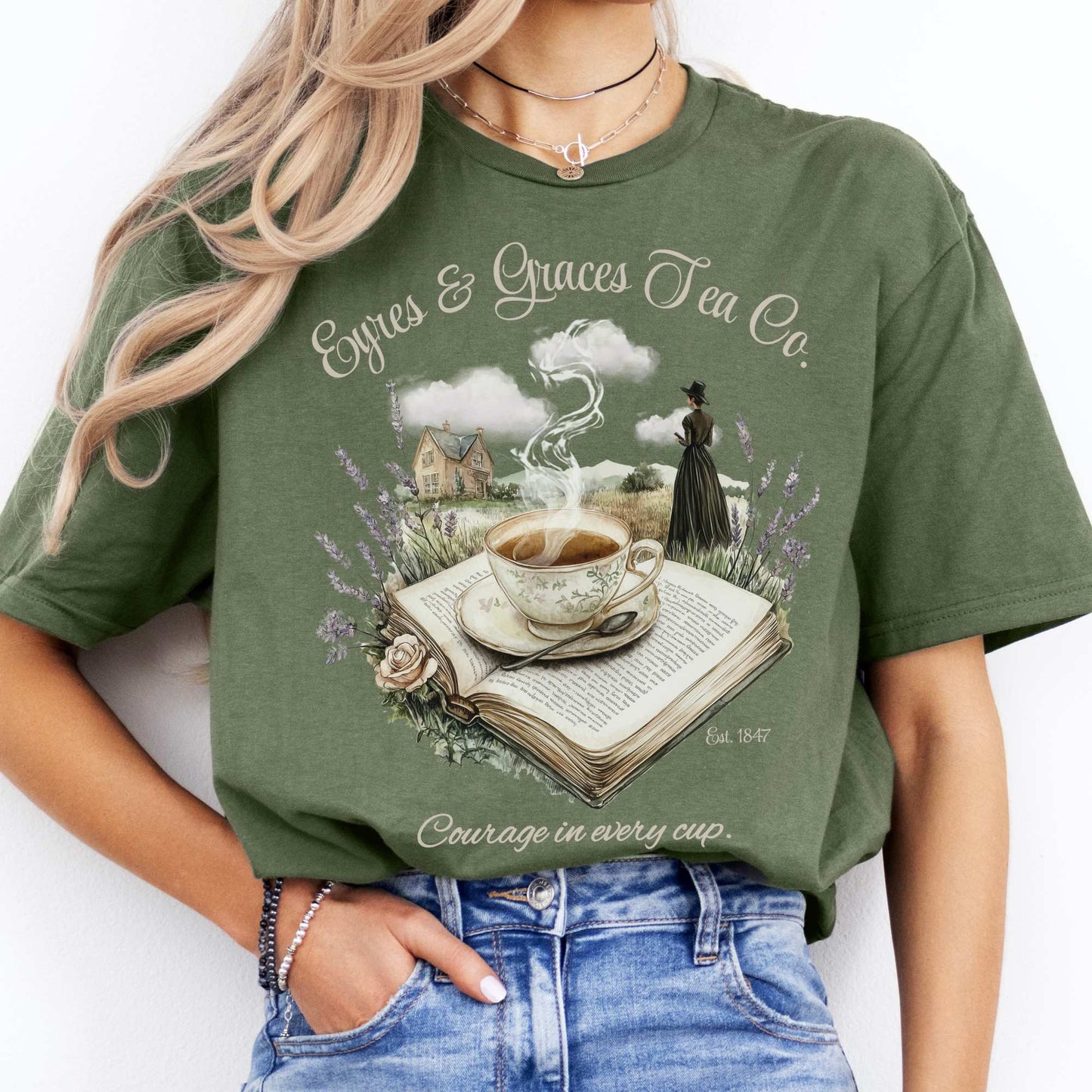 Eyres & Graces Tea Co Jane Eyre Shirt Military Green / S T-Shirt The Mystic Eden Bookish Book Lovers