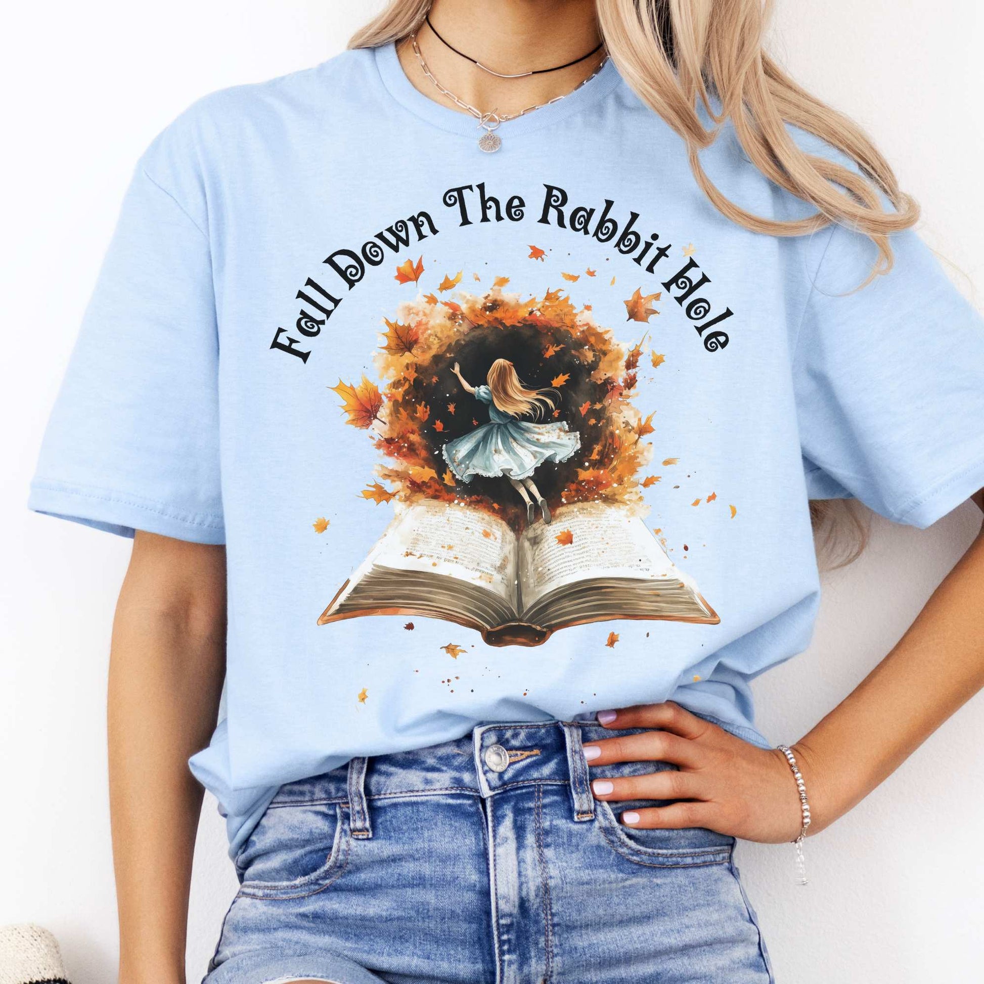 'Fall' Down the Rabbit Hole Tee Wonderland Tee Light Blue / S T-Shirt The Mystic Eden Bookish Book Lovers