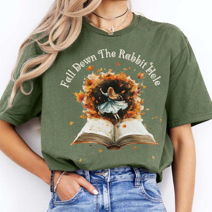 'Fall' Down the Rabbit Hole Tee Wonderland Tee Military Green / S T-Shirt The Mystic Eden Bookish Book Lovers