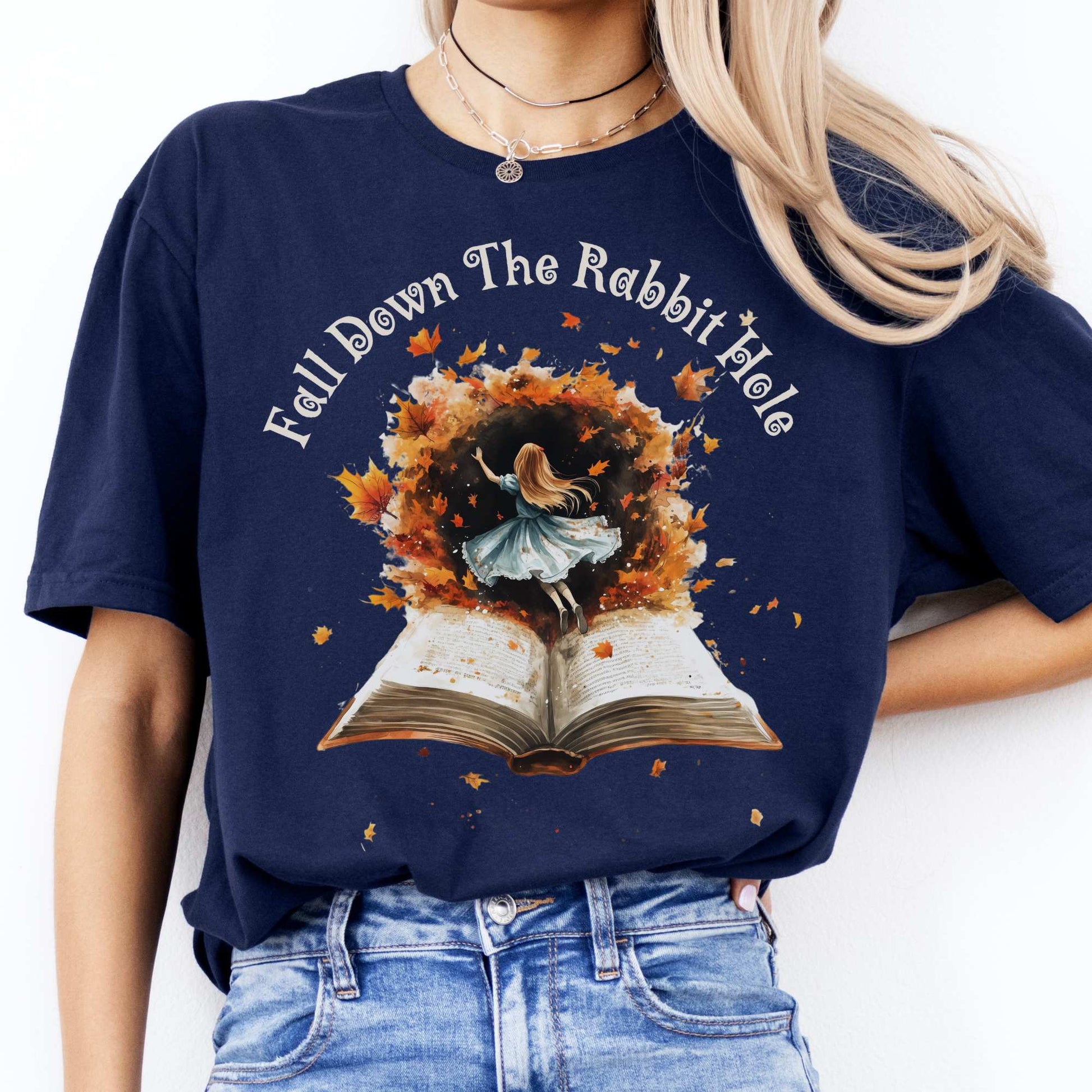 'Fall' Down the Rabbit Hole Tee Wonderland Tee Navy / S T-Shirt The Mystic Eden Bookish Book Lovers