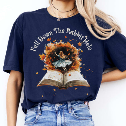 'Fall' Down the Rabbit Hole Tee Wonderland Tee Navy / S T-Shirt The Mystic Eden Bookish Book Lovers