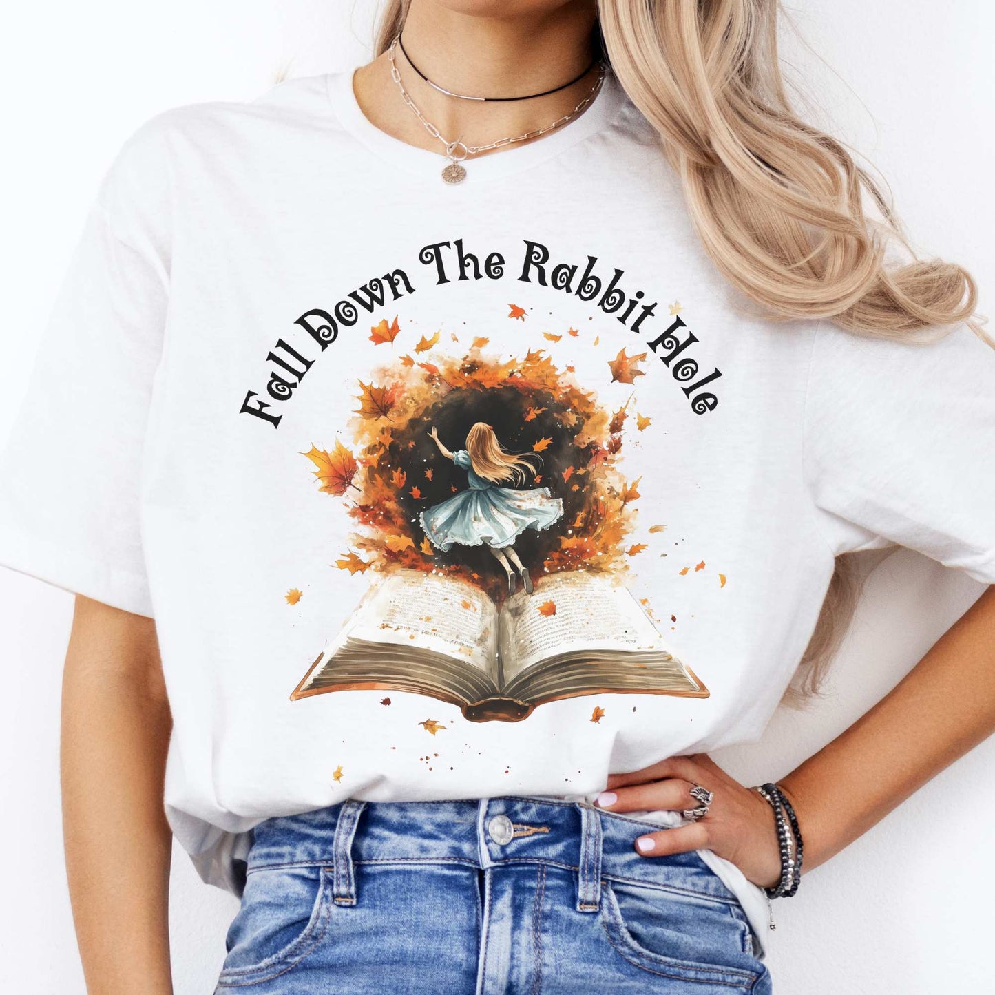 'Fall' Down the Rabbit Hole Tee Wonderland Tee White / S T-Shirt The Mystic Eden Bookish Book Lovers