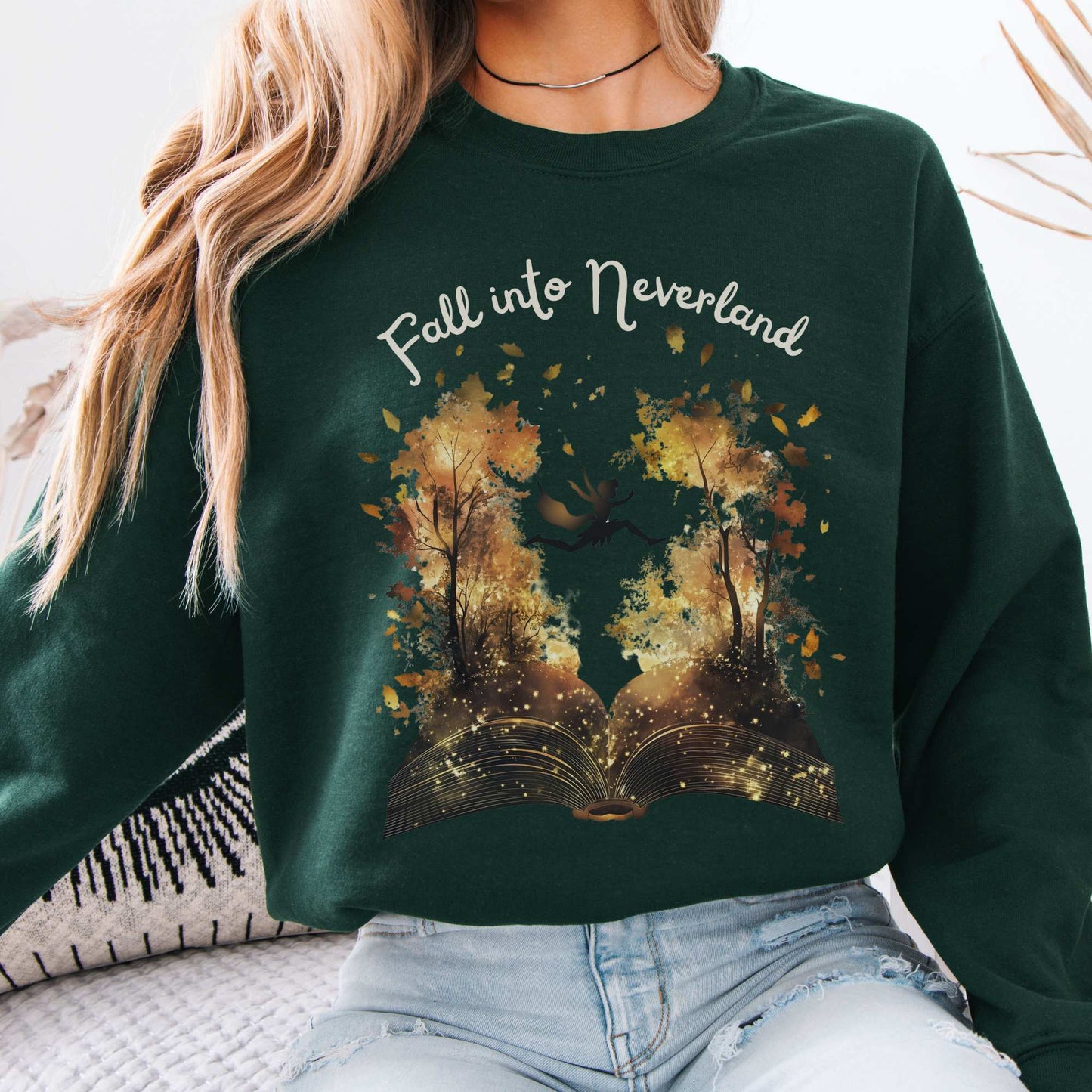 Fall into Neverland Peter Pan Sweatshirt Forest Green / S Sweatshirt The Mystic Eden Bookish Book Lovers
