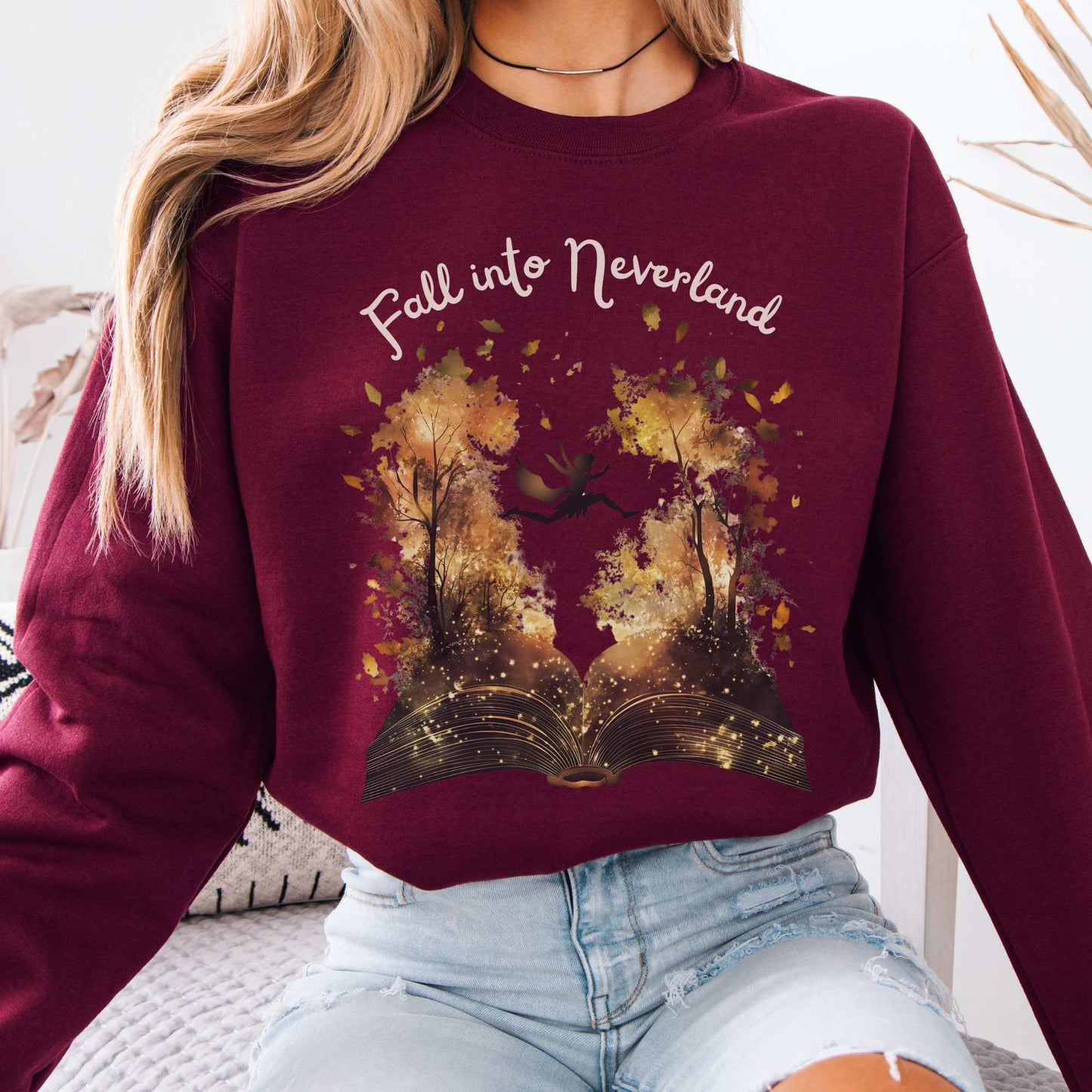 Fall into Neverland Peter Pan Sweatshirt Maroon / S Sweatshirt The Mystic Eden Bookish Book Lovers