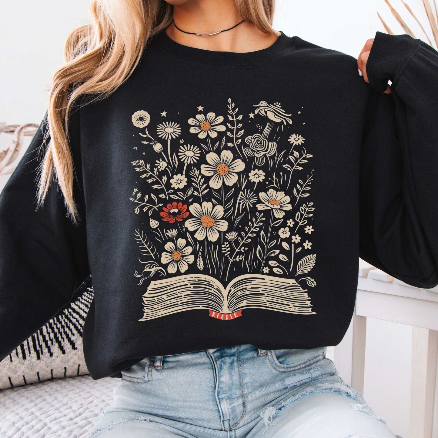 Floral Book Reader Sweatshirt Black / S Sweatshirt The Mystic Eden Bookish Book Lovers