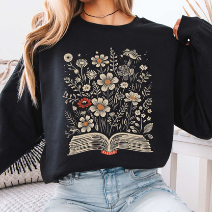 Floral Book Reader Sweatshirt Black / S Sweatshirt The Mystic Eden Bookish Book Lovers