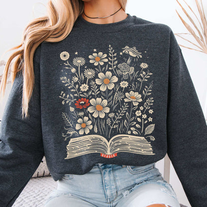 Floral Book Reader Sweatshirt Dark Heather / S Sweatshirt The Mystic Eden Bookish Book Lovers