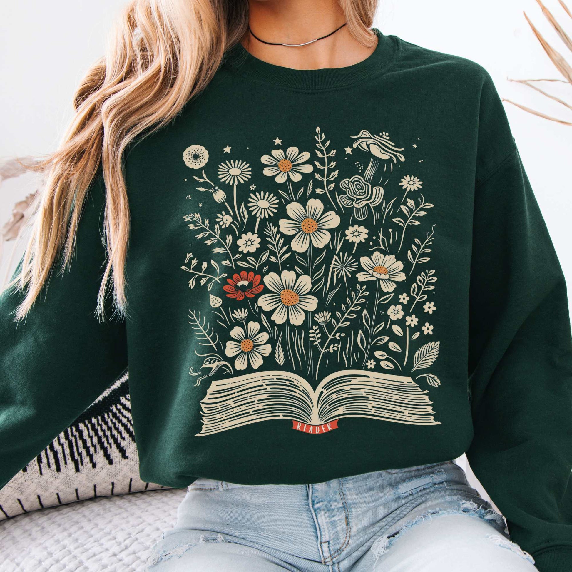 Floral Book Reader Sweatshirt Forest Green / S Sweatshirt The Mystic Eden Bookish Book Lovers