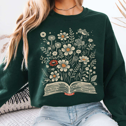 Floral Book Reader Sweatshirt Forest Green / S Sweatshirt The Mystic Eden Bookish Book Lovers