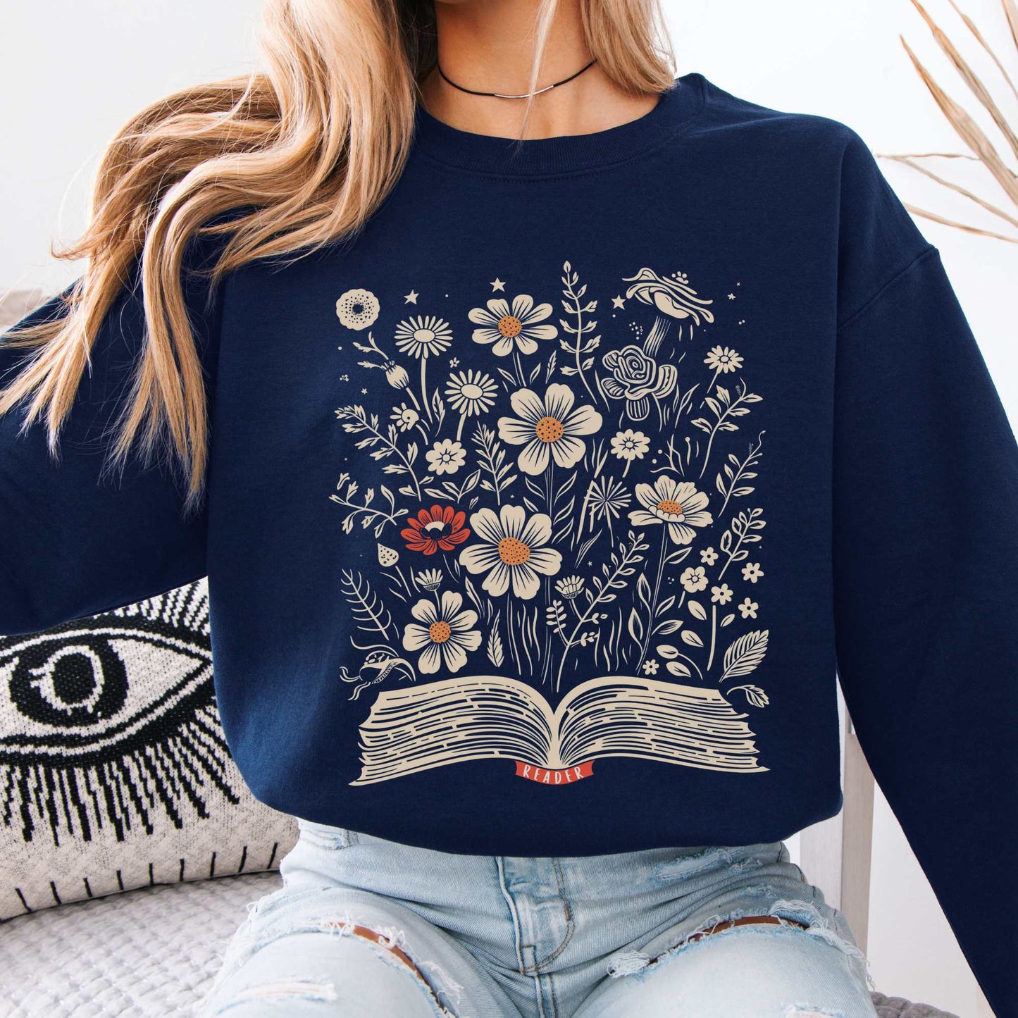 Floral Book Reader Sweatshirt Navy / S Sweatshirt The Mystic Eden Bookish Book Lovers