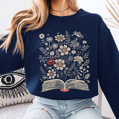 Floral Book Reader Sweatshirt Navy / S Sweatshirt The Mystic Eden Bookish Book Lovers