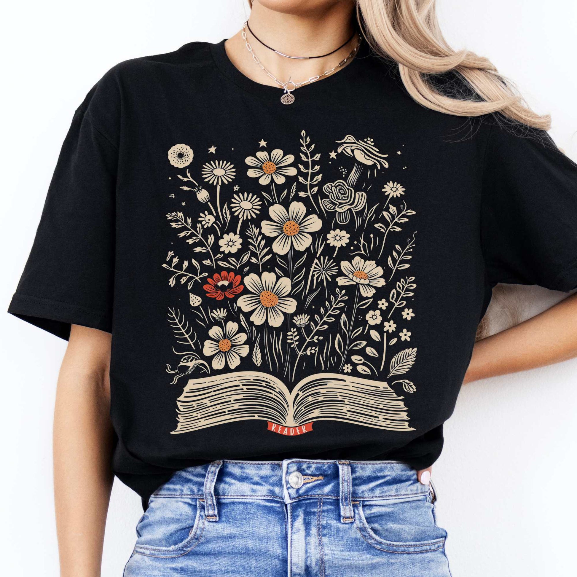 Floral Book Reader Tee Black / S T-Shirt The Mystic Eden Bookish Book Lovers