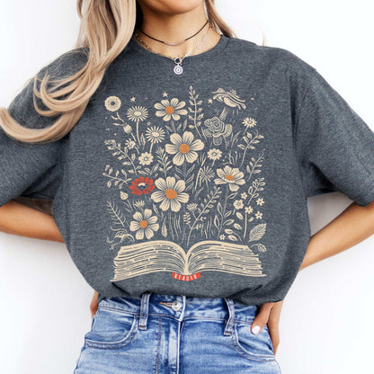 Floral Book Reader Tee Dark Heather / S T-Shirt The Mystic Eden Bookish Book Lovers