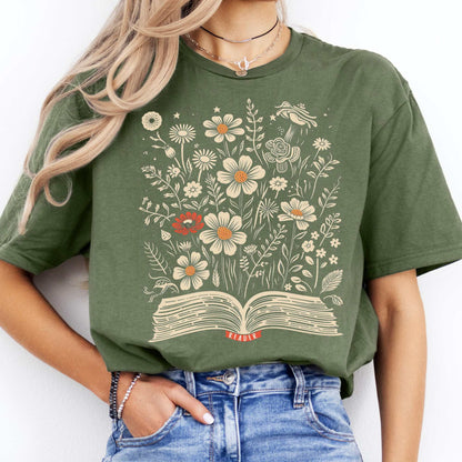 Floral Book Reader Tee Military Green / S T-Shirt The Mystic Eden Bookish Book Lovers