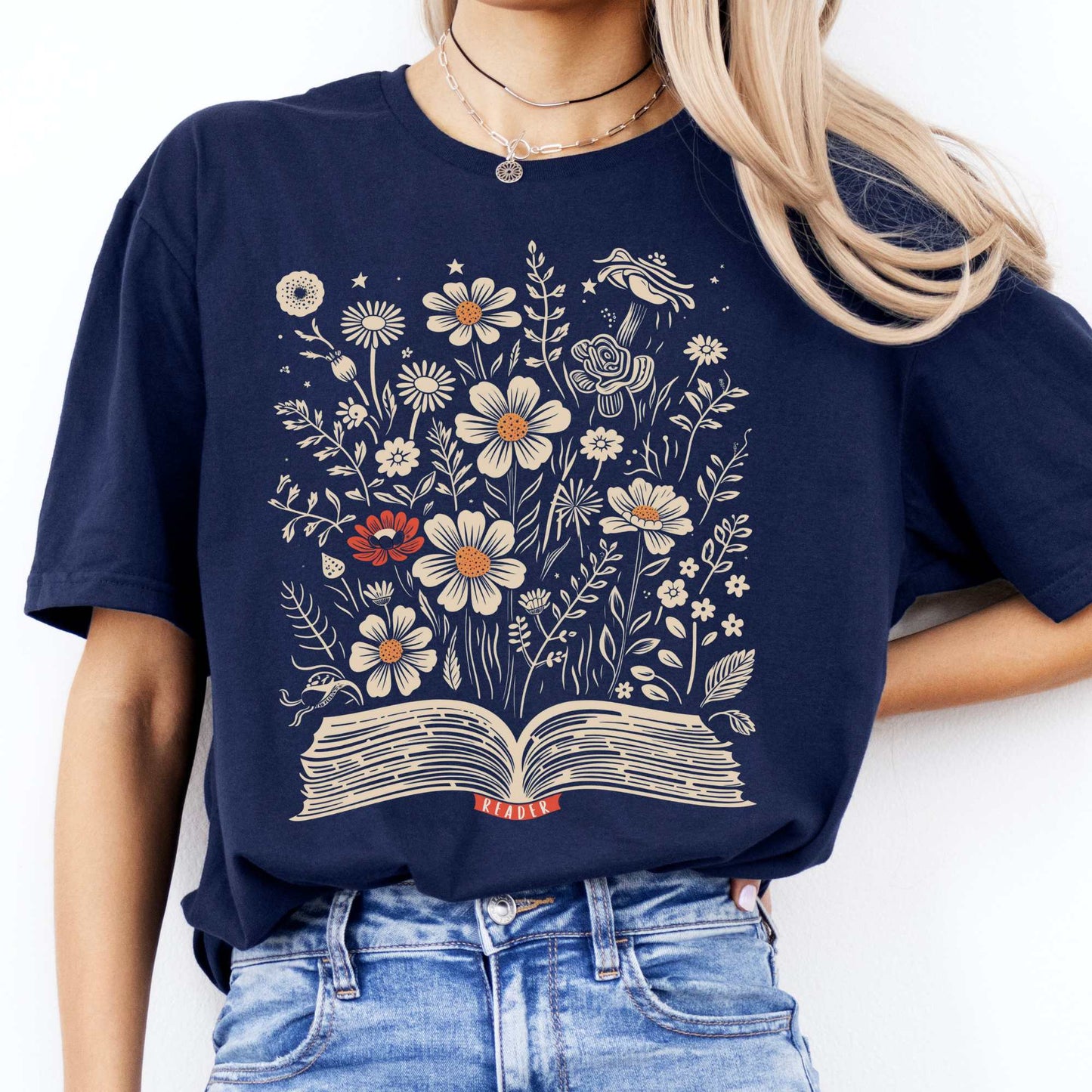 Floral Book Reader Tee Navy / S T-Shirt The Mystic Eden Bookish Book Lovers