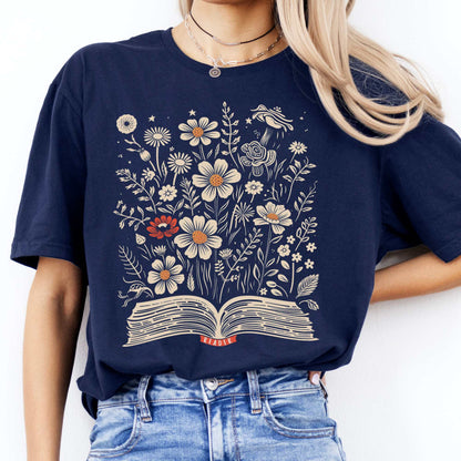 Floral Book Reader Tee Navy / S T-Shirt The Mystic Eden Bookish Book Lovers