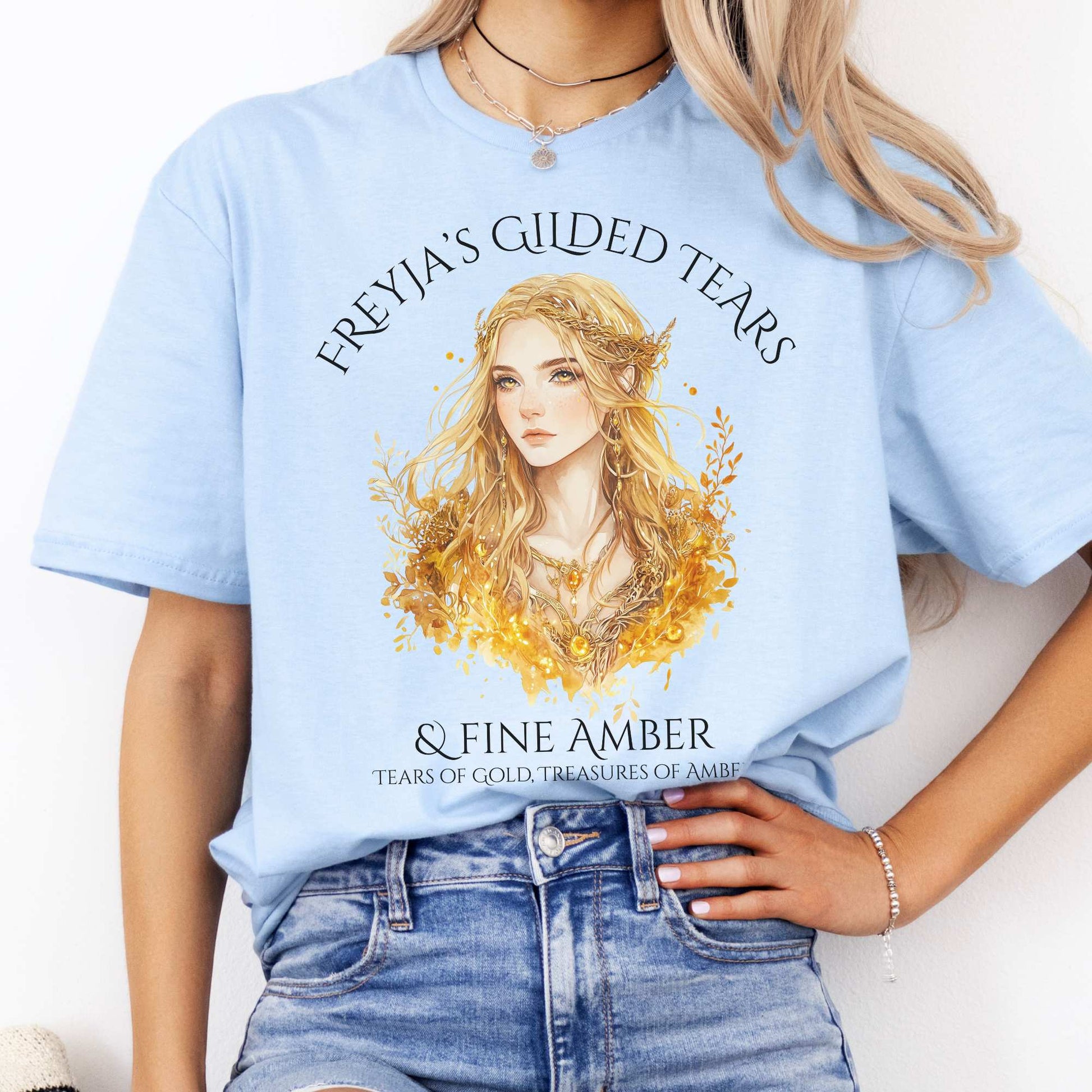 Freyja's Gilded Tears & Fine Amber Goddess Shirt Light Blue / S T-Shirt The Mystic Eden Bookish Book Lovers
