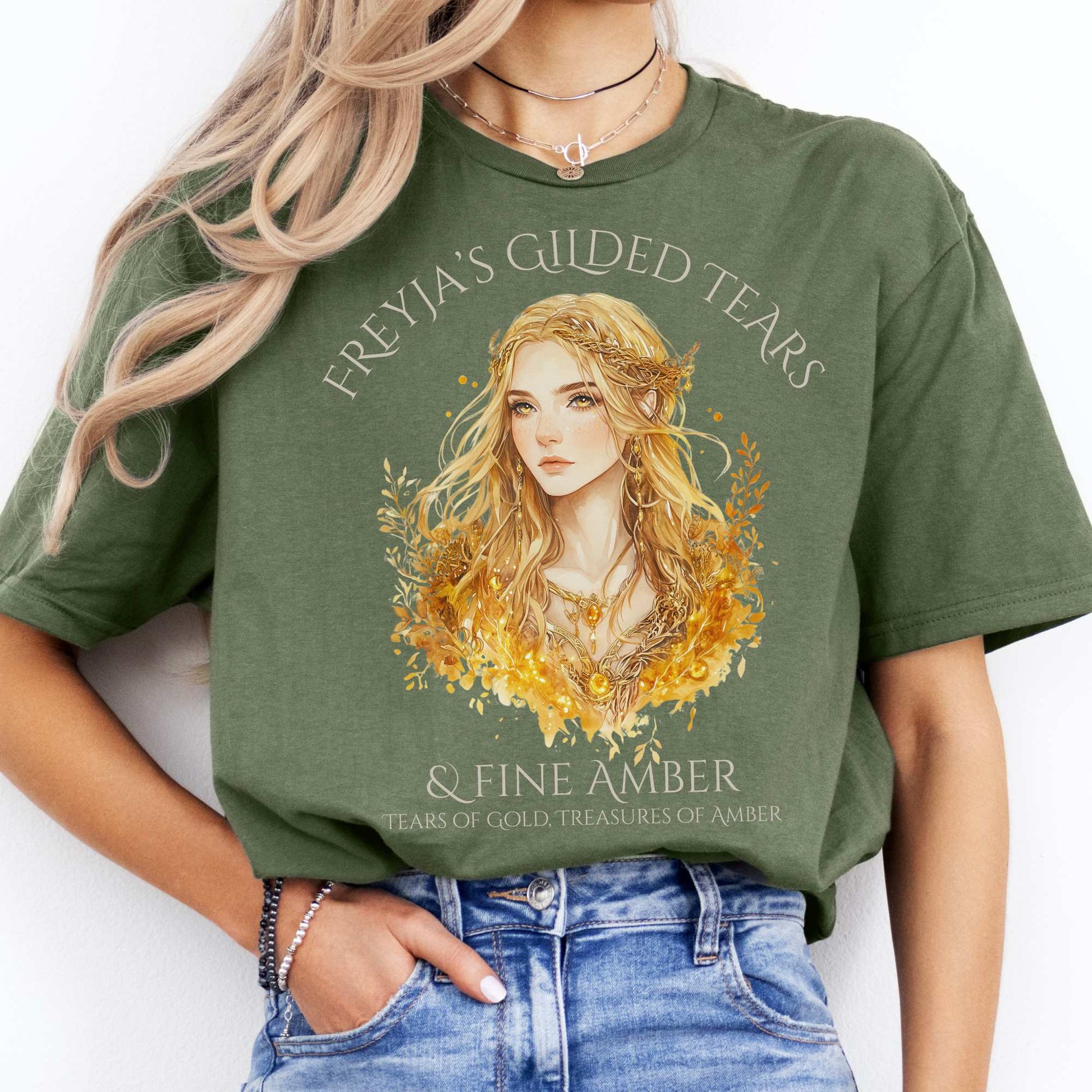 Freyja's Gilded Tears & Fine Amber Goddess Shirt Military Green / S T-Shirt The Mystic Eden Bookish Book Lovers