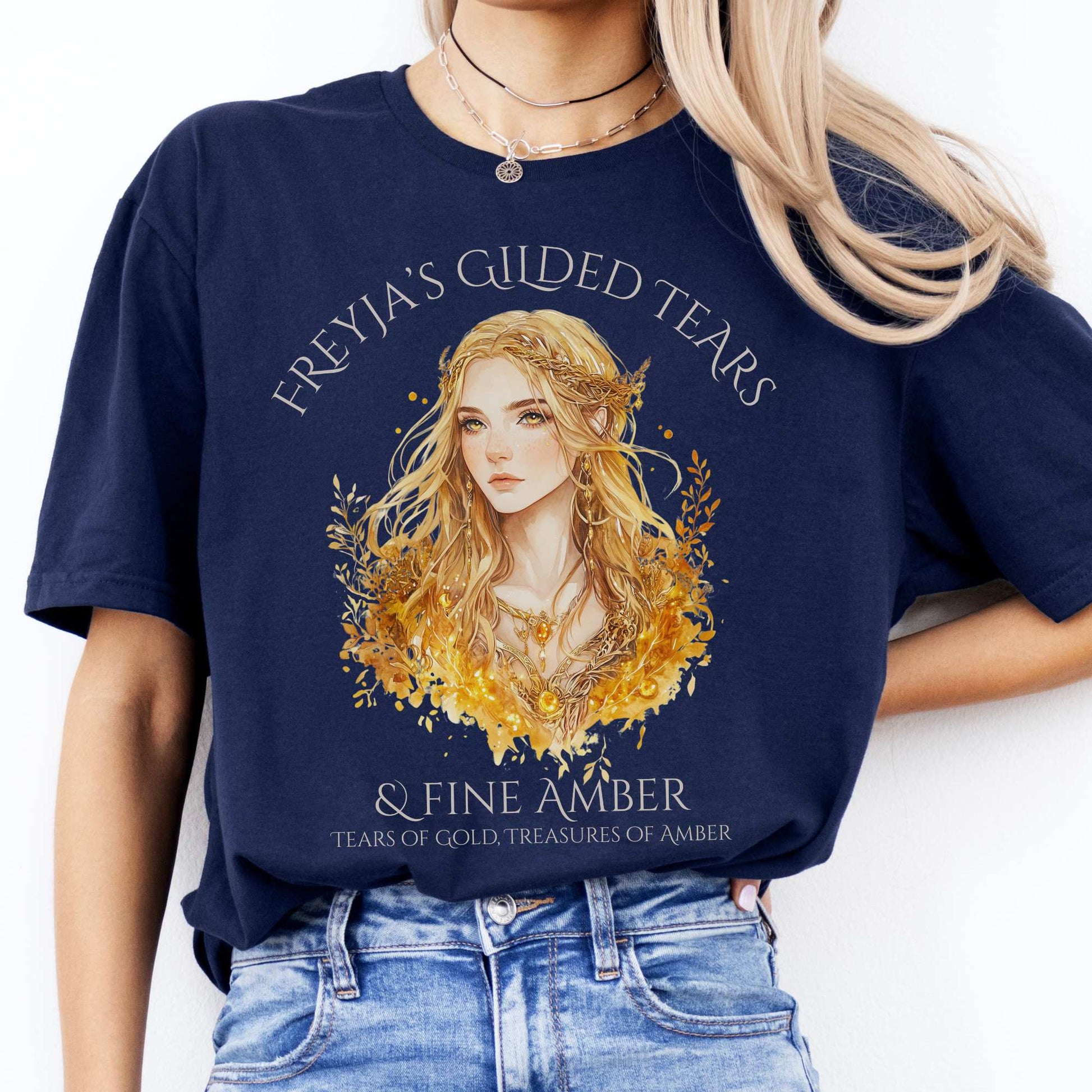 Freyja's Gilded Tears & Fine Amber Goddess Shirt Navy / S T-Shirt The Mystic Eden Bookish Book Lovers