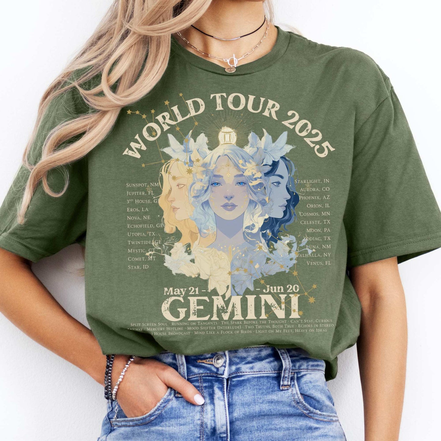 Gemini Concert T-Shirt - Zodiac World Tour 2025 Shirt Military Green / S T-Shirt The Mystic Eden Bookish Book Lovers
