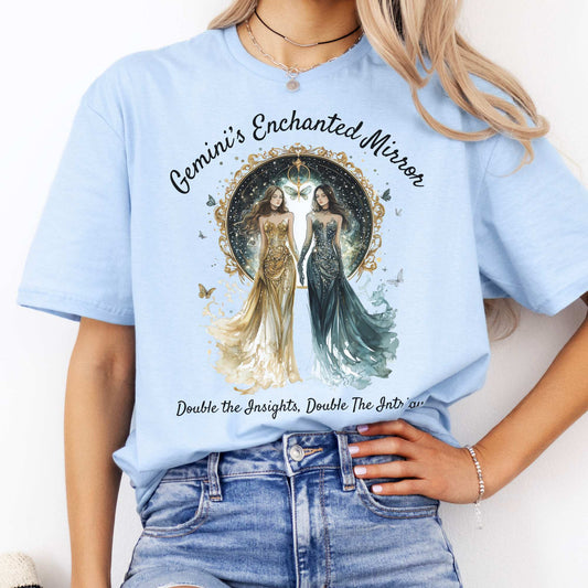 Gemini's Enchanted Mirror Zodiac Shirt Light Blue / S T-Shirt The Mystic Eden Bookish Book Lovers