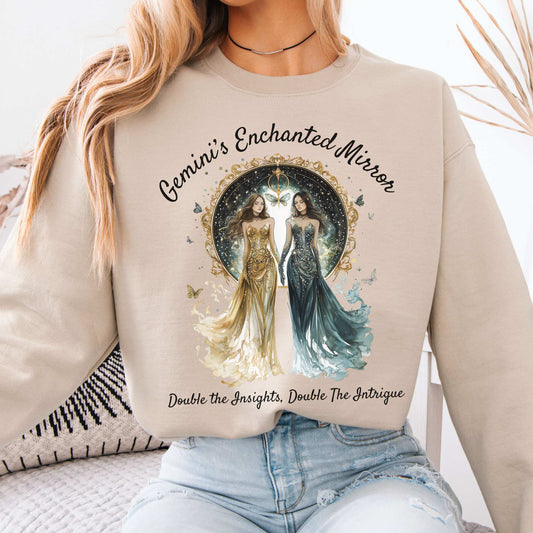 Gemini's Enchanted Mirror Zodiac Sweatshirt Sand / S Sweatshirt The Mystic Eden Bookish Book Lovers