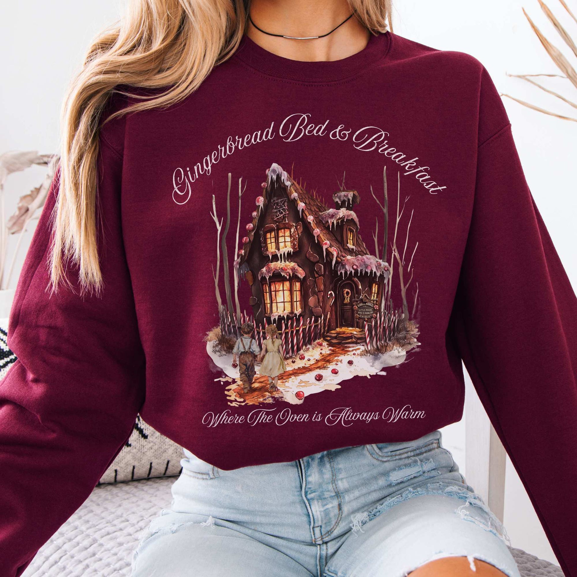 Gingerbread Bed & Breakfast Hansel and Gretel Fairytale Sweatshirt Maroon / S Sweatshirt The Mystic Eden Bookish Book Lovers
