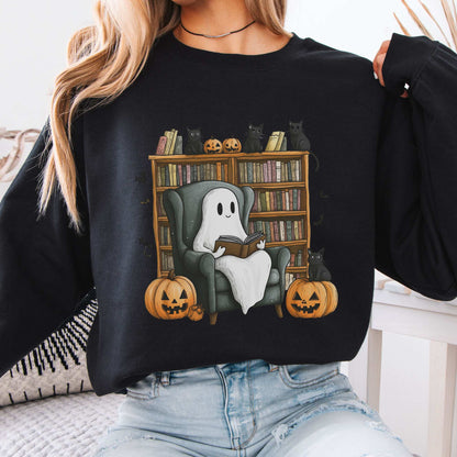 Happy Reading Ghost with Black Cats Sweatshirt Black / S Sweatshirt The Mystic Eden Bookish Book Lovers