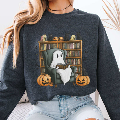 Happy Reading Ghost with Black Cats Sweatshirt Dark Heather / S Sweatshirt The Mystic Eden Bookish Book Lovers
