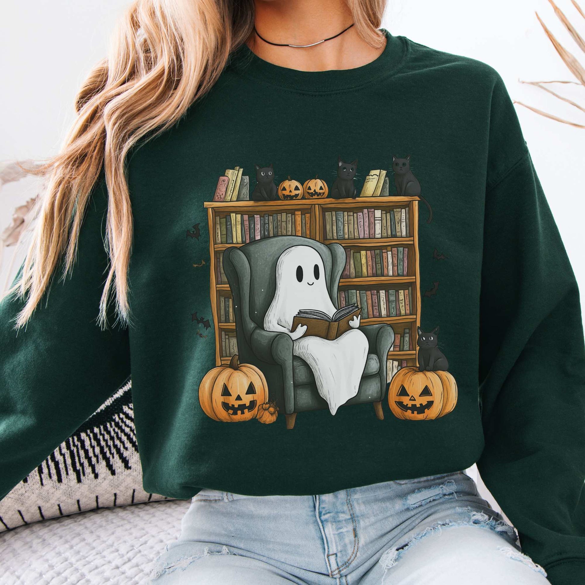 Happy Reading Ghost with Black Cats Sweatshirt Forest Green / S Sweatshirt The Mystic Eden Bookish Book Lovers