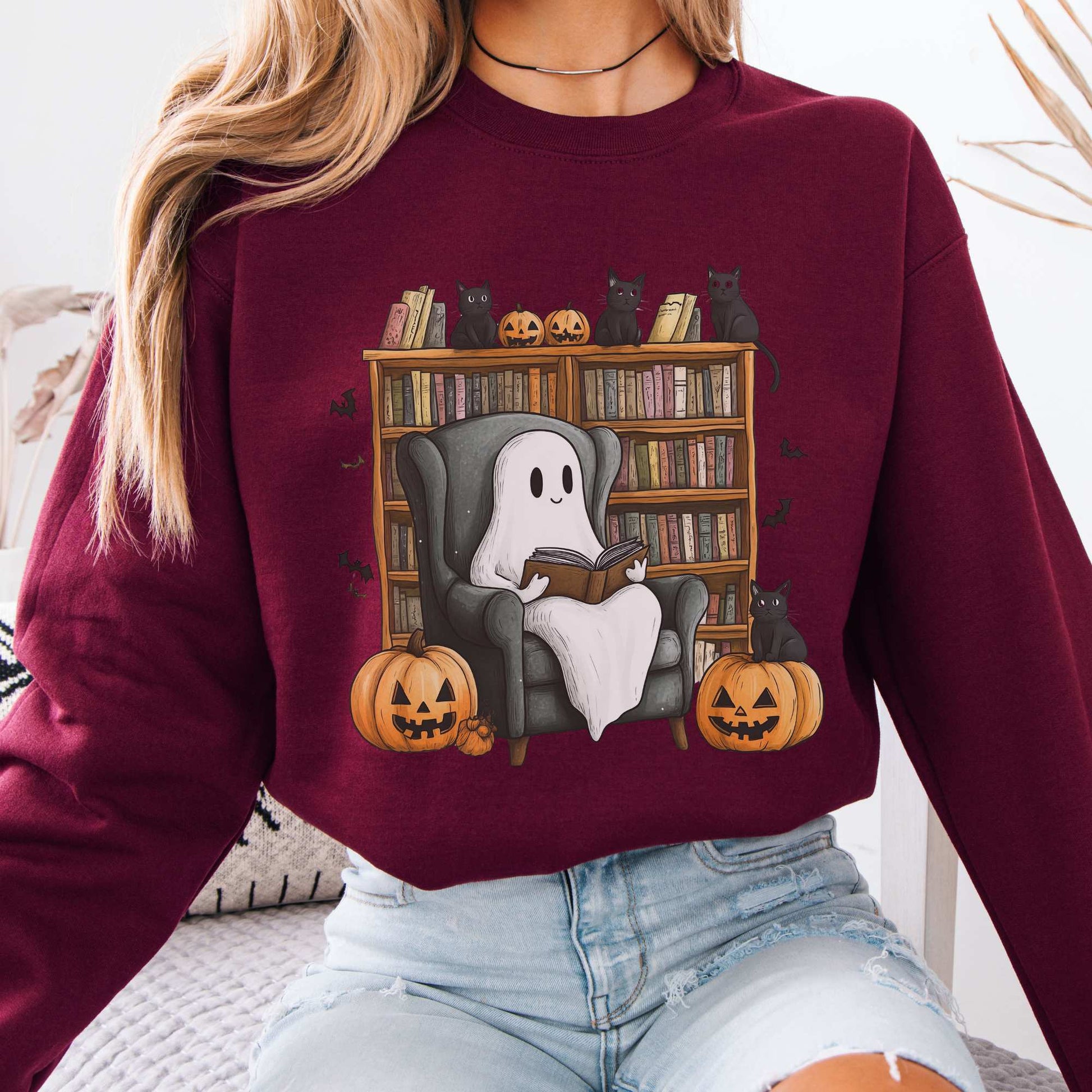 Happy Reading Ghost with Black Cats Sweatshirt Maroon / S Sweatshirt The Mystic Eden Bookish Book Lovers
