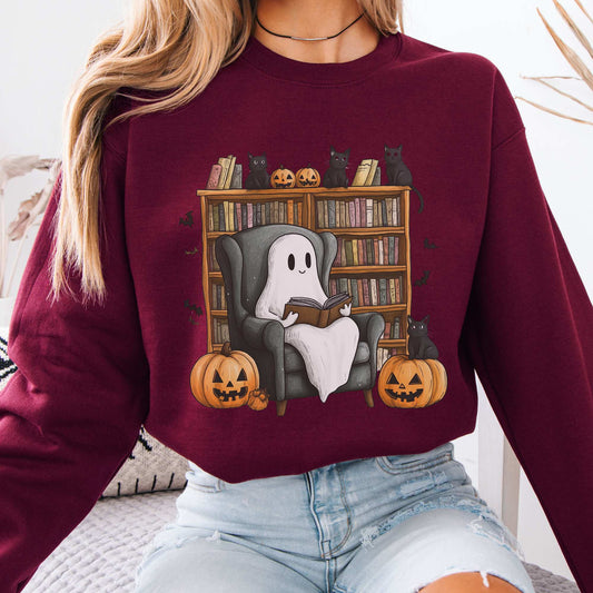 Happy Reading Ghost with Black Cats Sweatshirt Maroon / S Sweatshirt The Mystic Eden Bookish Book Lovers