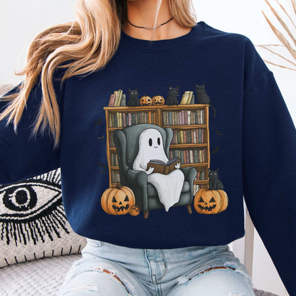 Happy Reading Ghost with Black Cats Sweatshirt Navy / S Sweatshirt The Mystic Eden Bookish Book Lovers