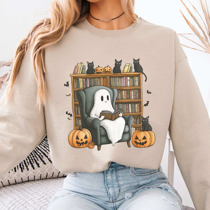 Happy Reading Ghost with Black Cats Sweatshirt Sand / S Sweatshirt The Mystic Eden Bookish Book Lovers
