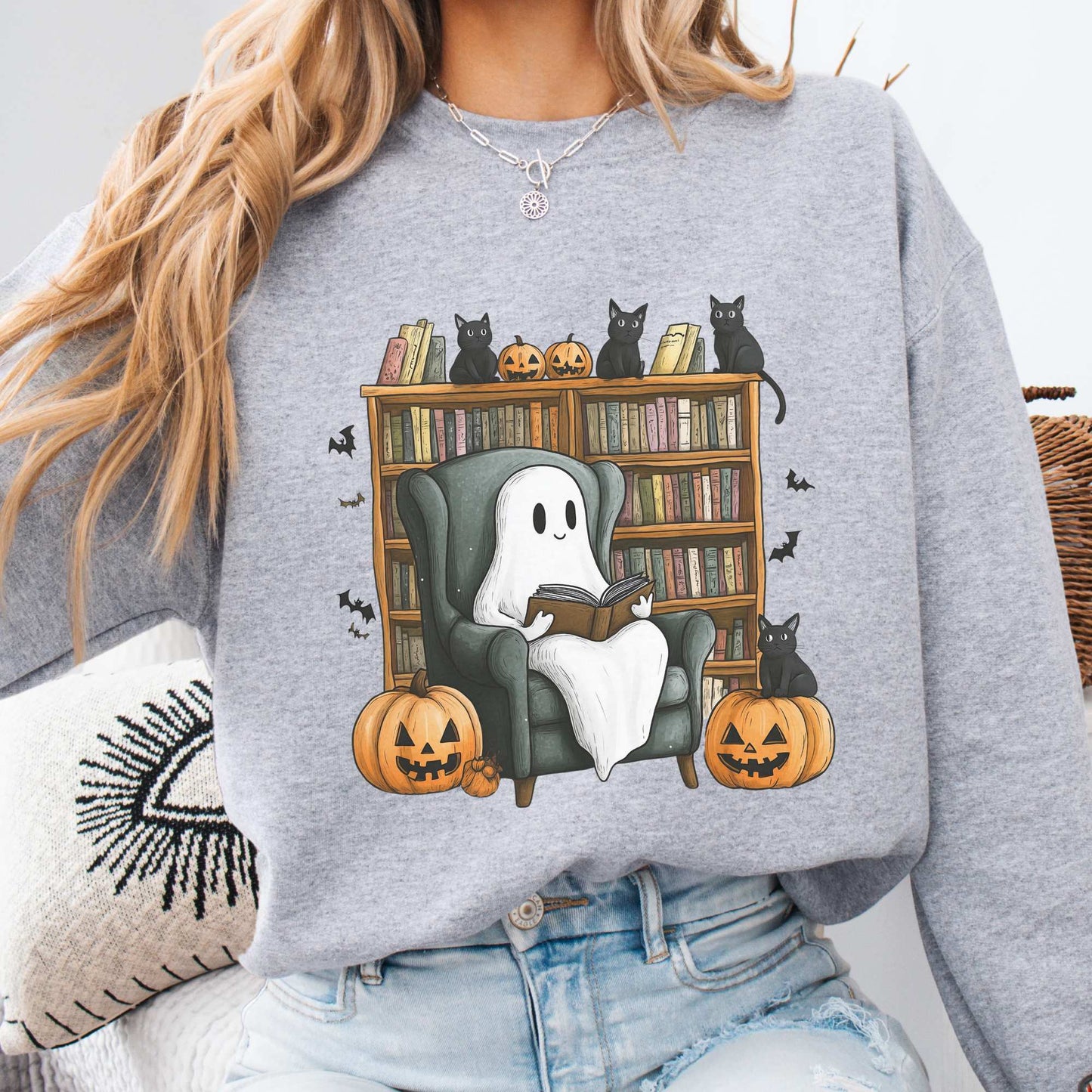 Happy Reading Ghost with Black Cats Sweatshirt Sport Grey / S Sweatshirt The Mystic Eden Bookish Book Lovers