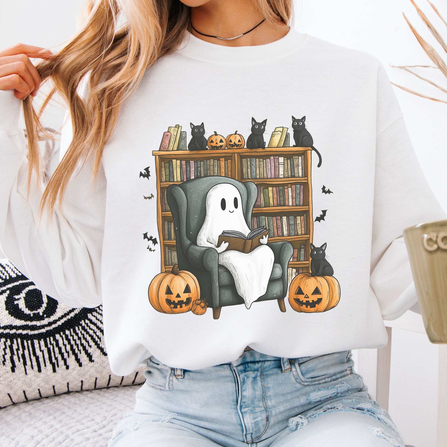 Happy Reading Ghost with Black Cats Sweatshirt White / S Sweatshirt The Mystic Eden Bookish Book Lovers