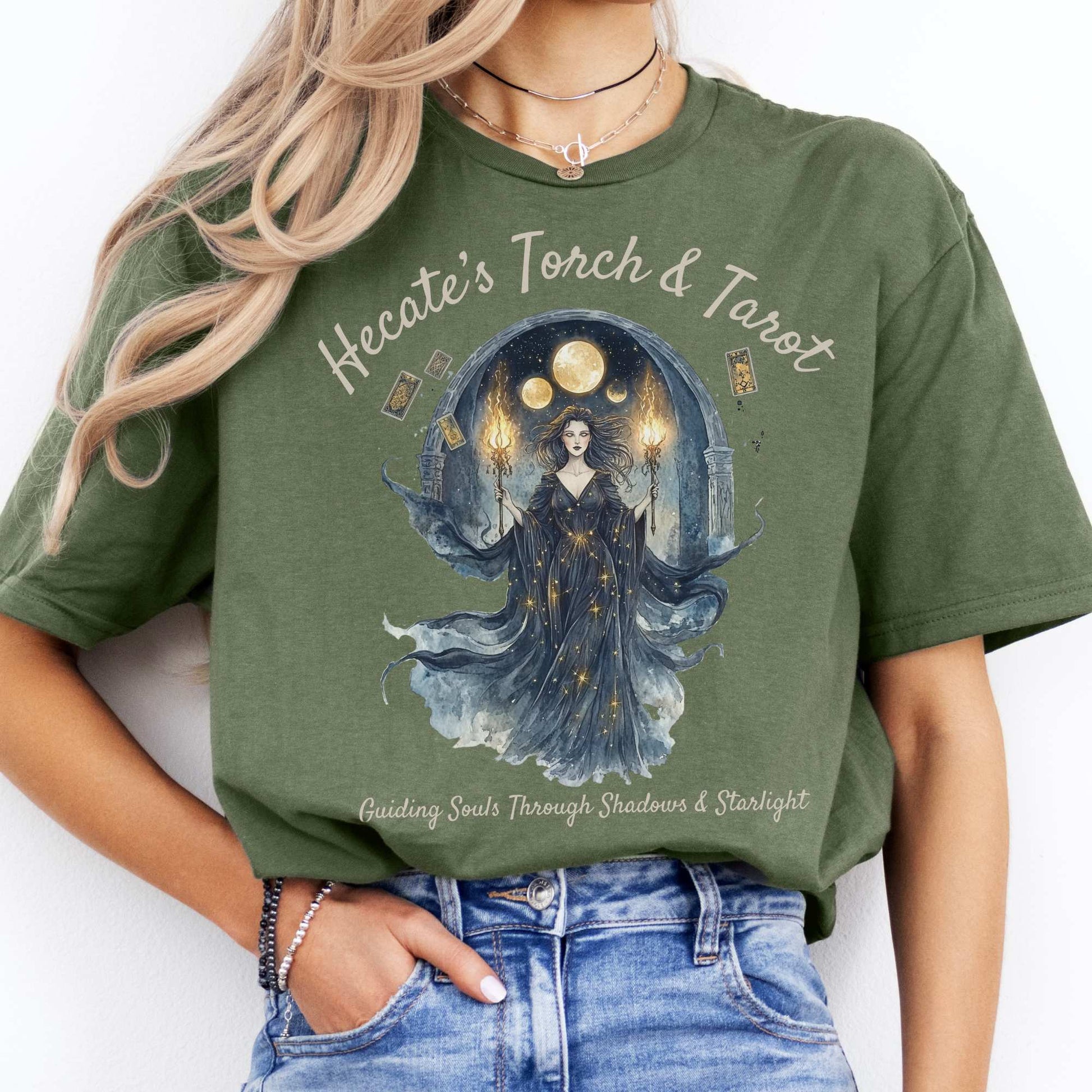 Hecate's Torch and Tarot Goddess Shirt Military Green / S T-Shirt The Mystic Eden Bookish Book Lovers