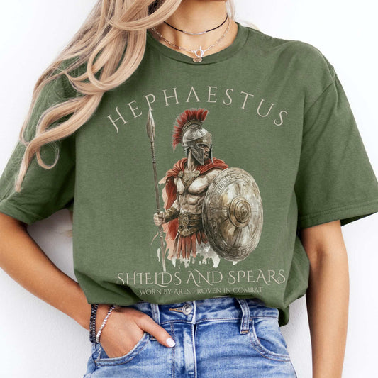 Hephaestus Shields And Spears Tee Military Green / S T-Shirt The Mystic Eden Bookish Book Lovers
