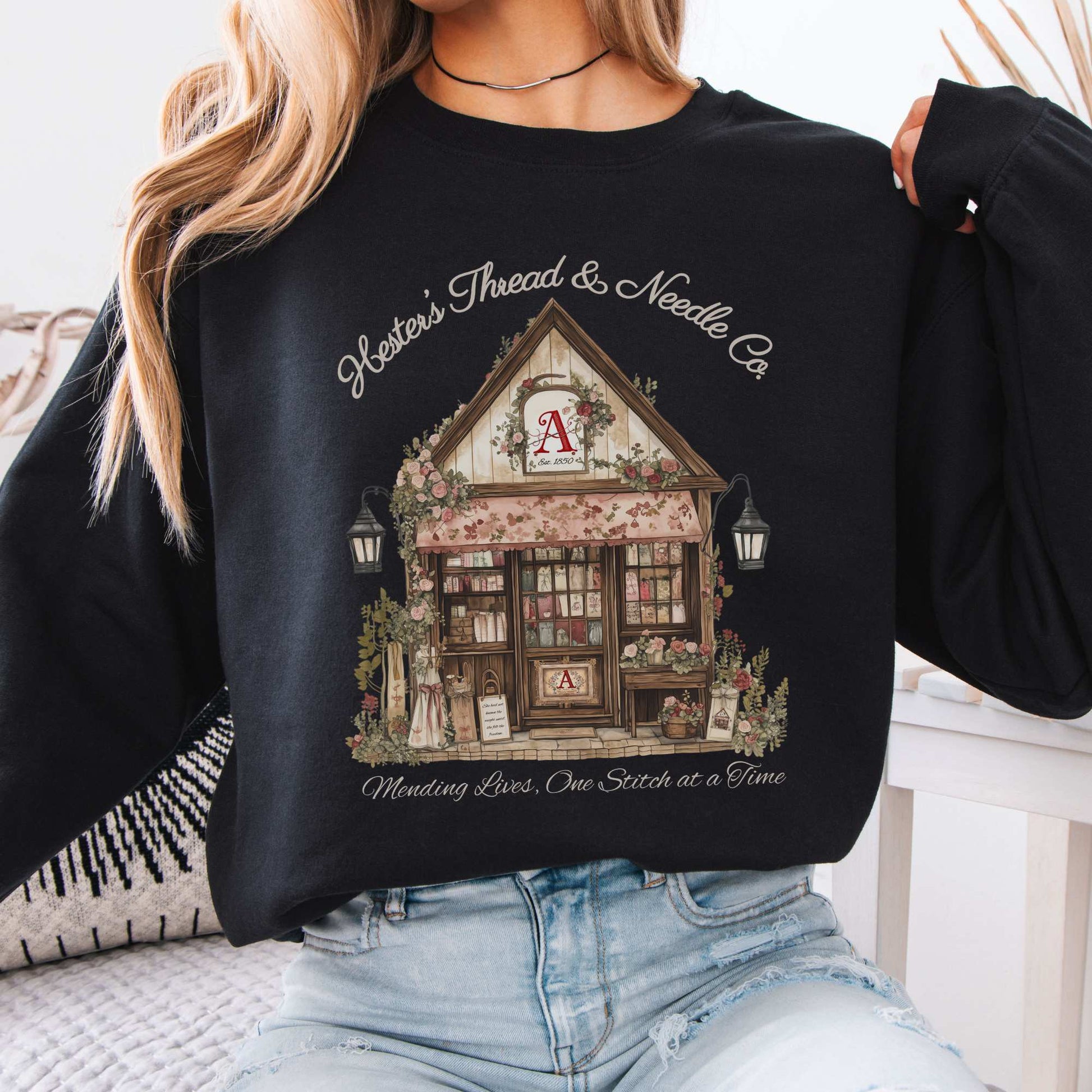 Hester's Thread & Needle Co. Scarlet Letter Sweatshirt Black / S Sweatshirt The Mystic Eden Bookish Book Lovers
