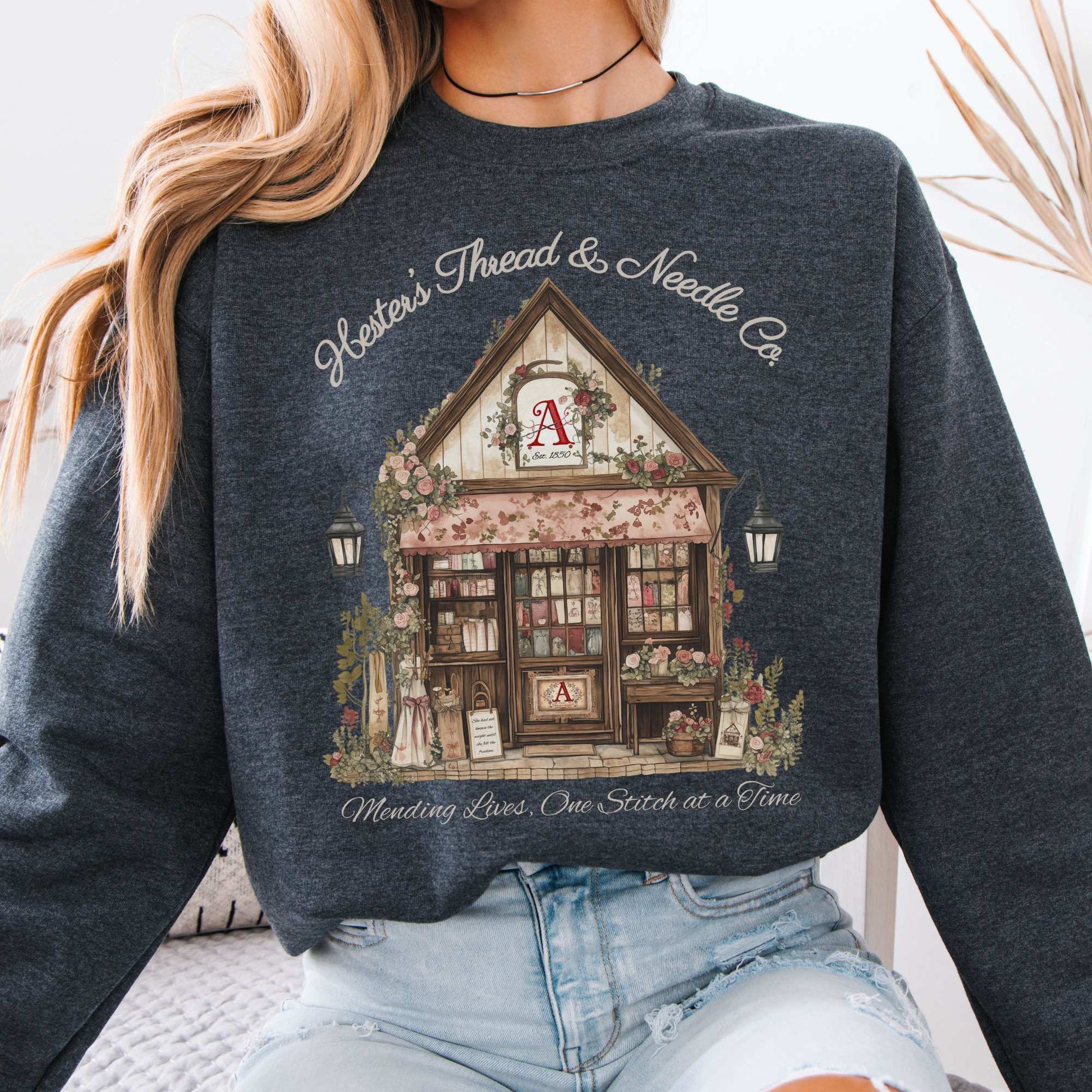 Hester's Thread & Needle Co. Scarlet Letter Sweatshirt Dark Heather / S Sweatshirt The Mystic Eden Bookish Book Lovers