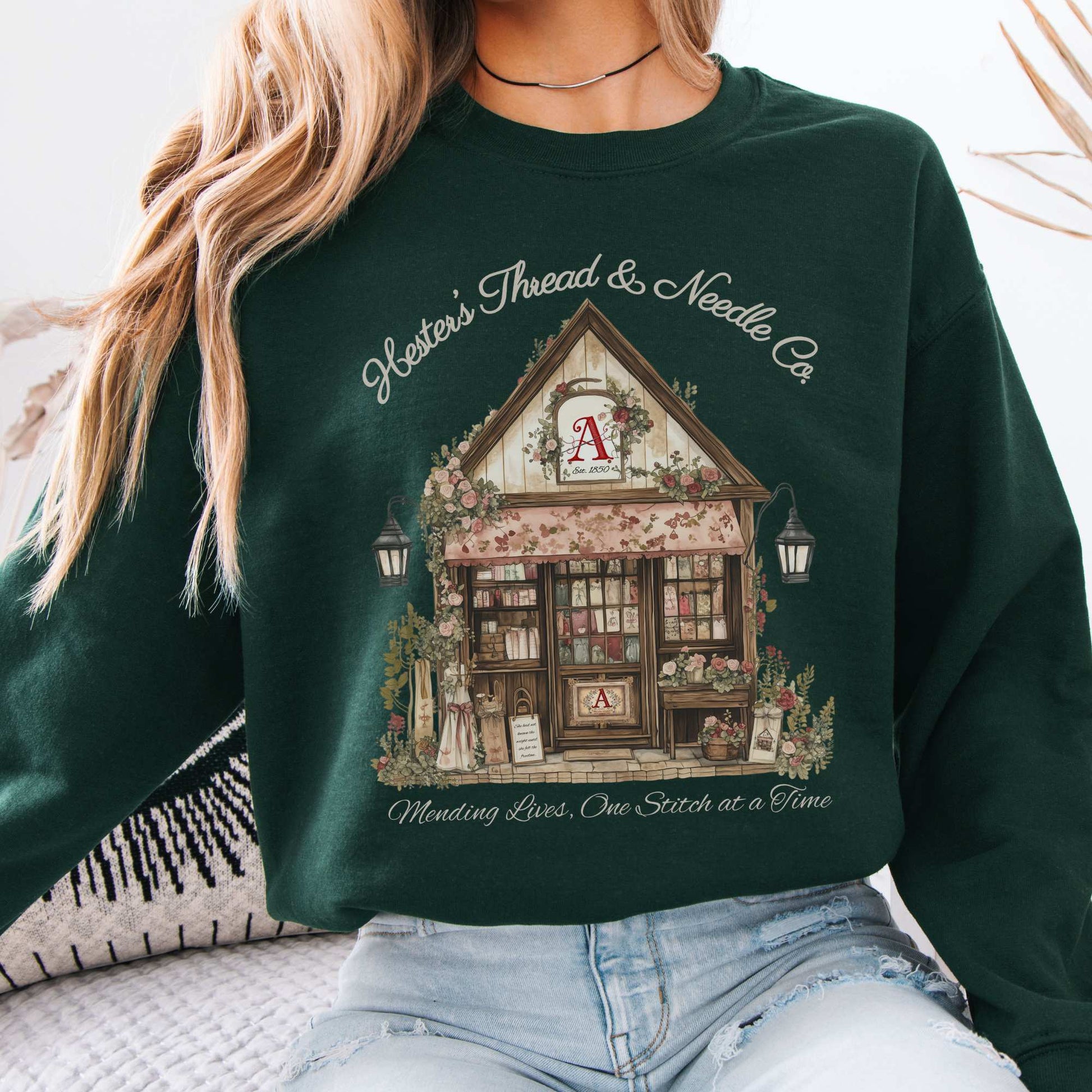 Hester's Thread & Needle Co. Scarlet Letter Sweatshirt Forest Green / S Sweatshirt The Mystic Eden Bookish Book Lovers