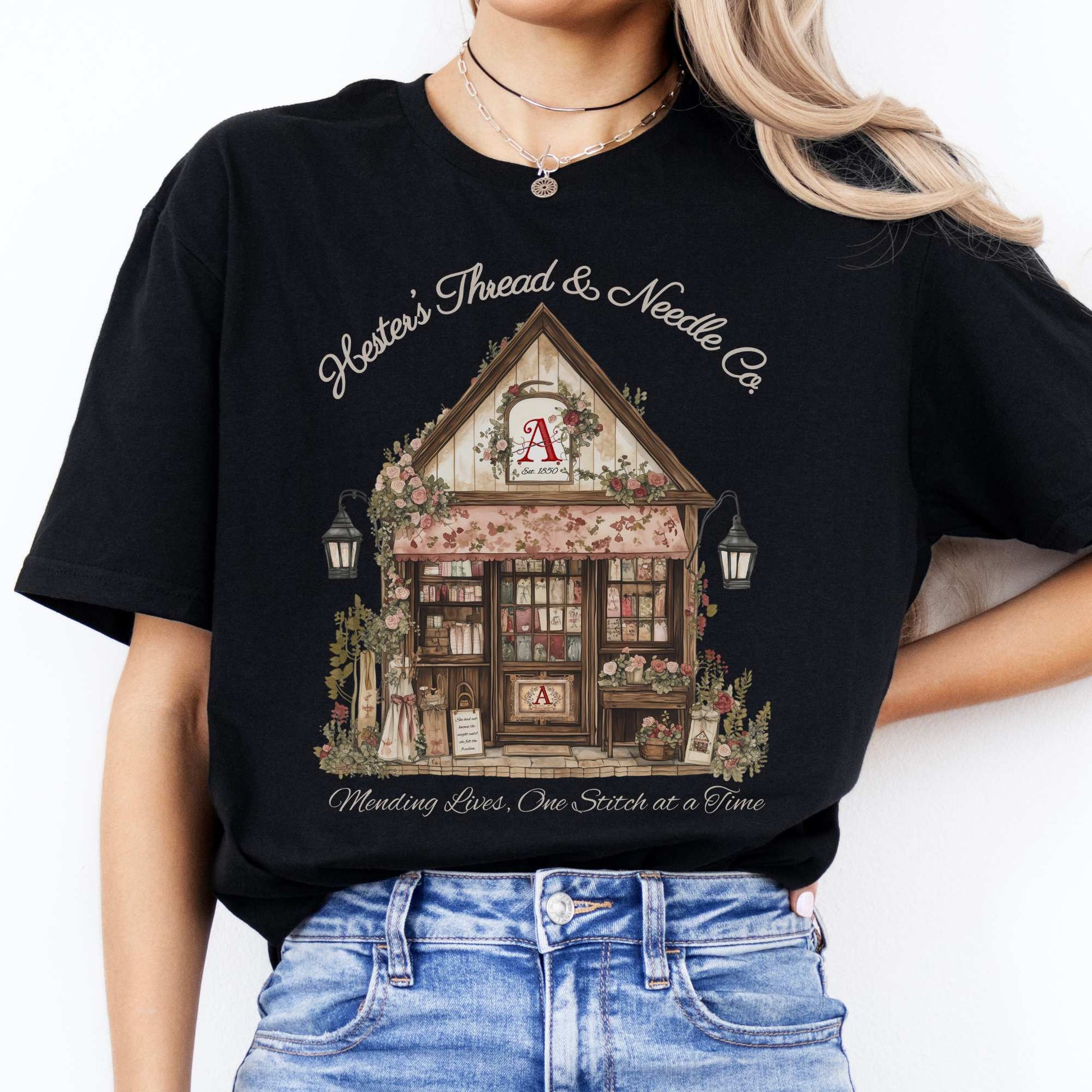 Hester's Thread & Needle Co. Scarlet Letter Tee Black / S T-Shirt The Mystic Eden Bookish Book Lovers