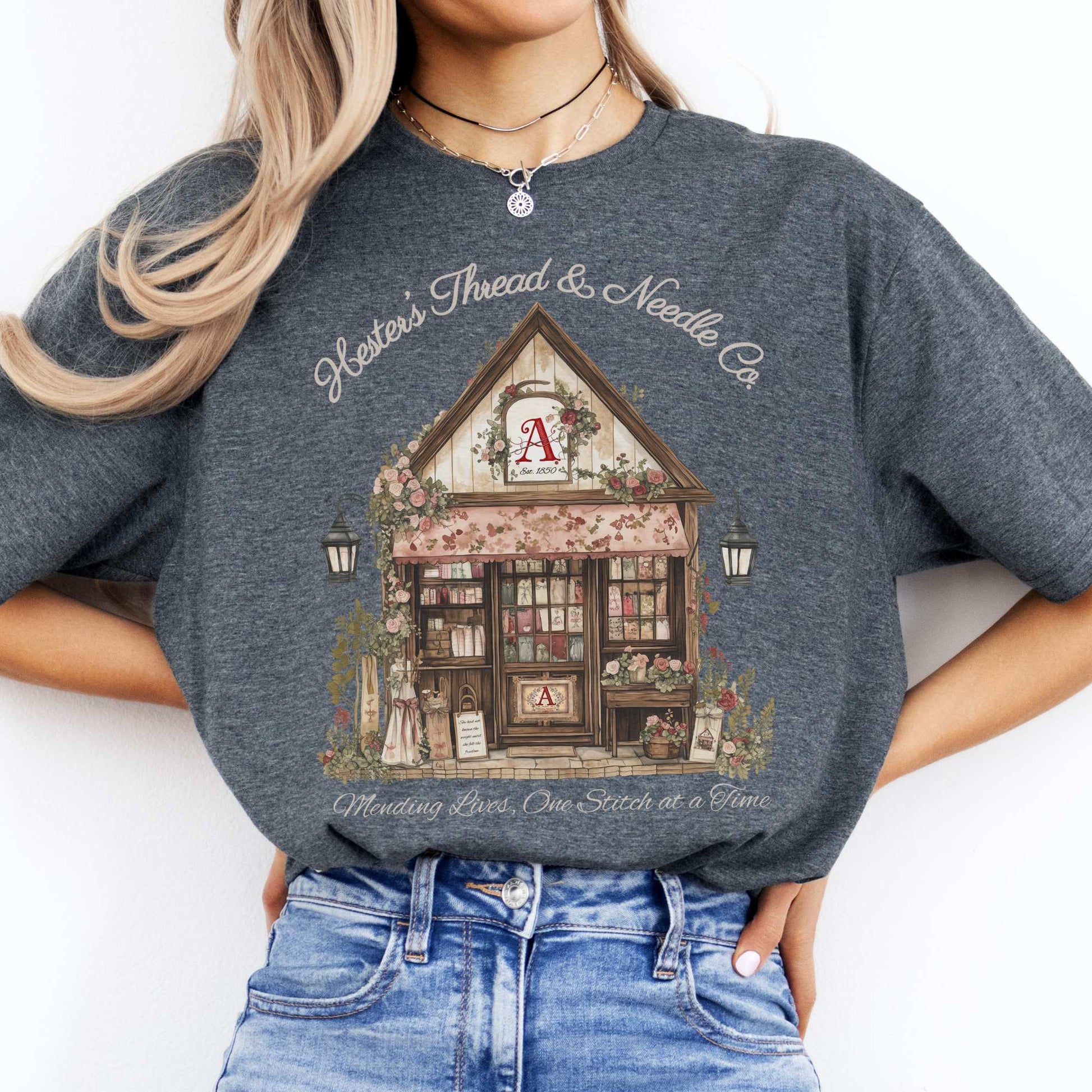 Hester's Thread & Needle Co. Scarlet Letter Tee Dark Heather / S T-Shirt The Mystic Eden Bookish Book Lovers