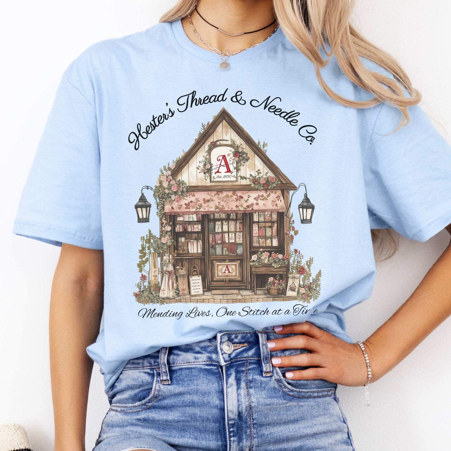 Hester's Thread & Needle Co. Scarlet Letter Tee Light Blue / S T-Shirt The Mystic Eden Bookish Book Lovers