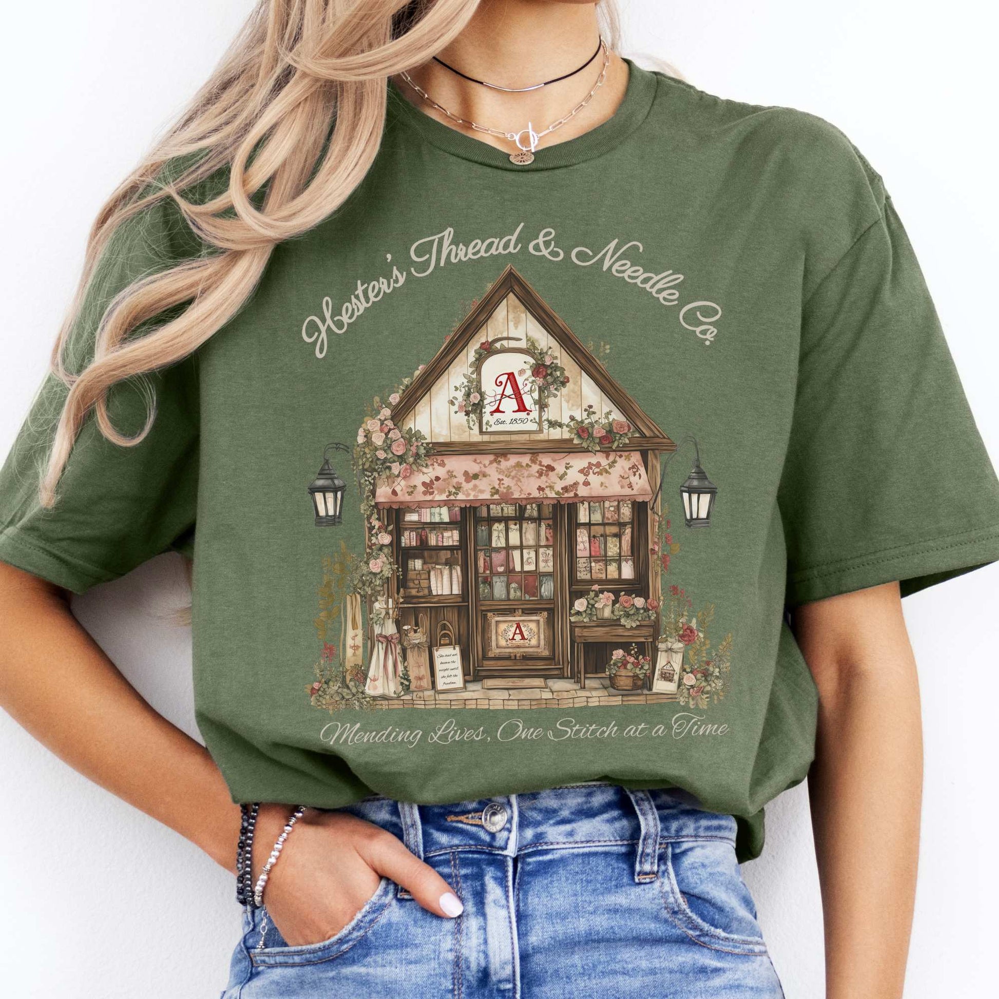 Hester's Thread & Needle Co. Scarlet Letter Tee Military Green / S T-Shirt The Mystic Eden Bookish Book Lovers